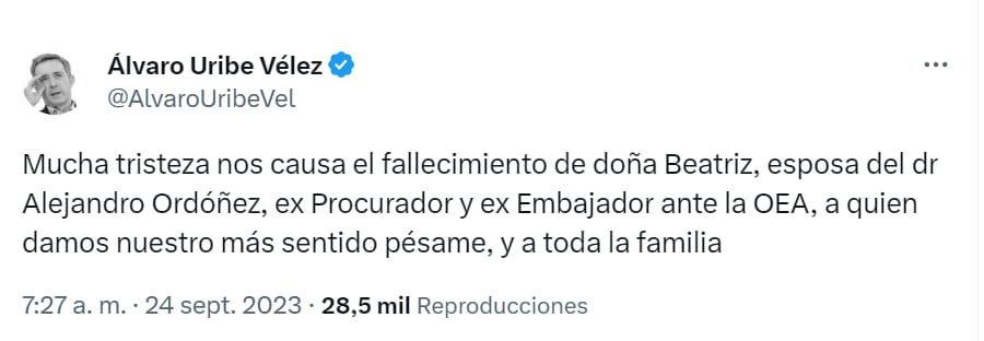 Condolencias de Álvaro Uribe por muerte de esposa del exprocurador Alejandro Ordoñez - crédito red social X