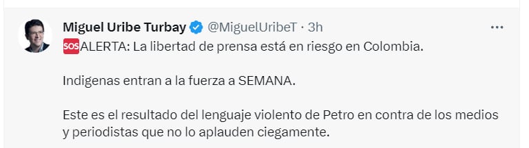 El senador Miguel Uribe Turbay, conocido por su oposición al presidente Petro, se pronunció frente al ataque de Semana - crédito @MiguelUribeT
