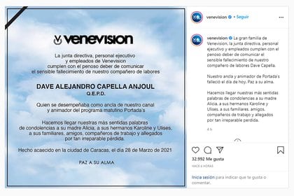 Dave Capella, presentador venezolano de 38 años, muere a causa del coronavirus