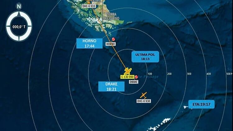 La última posición e información que se tiene del C-130 desaparecido (Twitter Fuerza Aérea de Chile)
