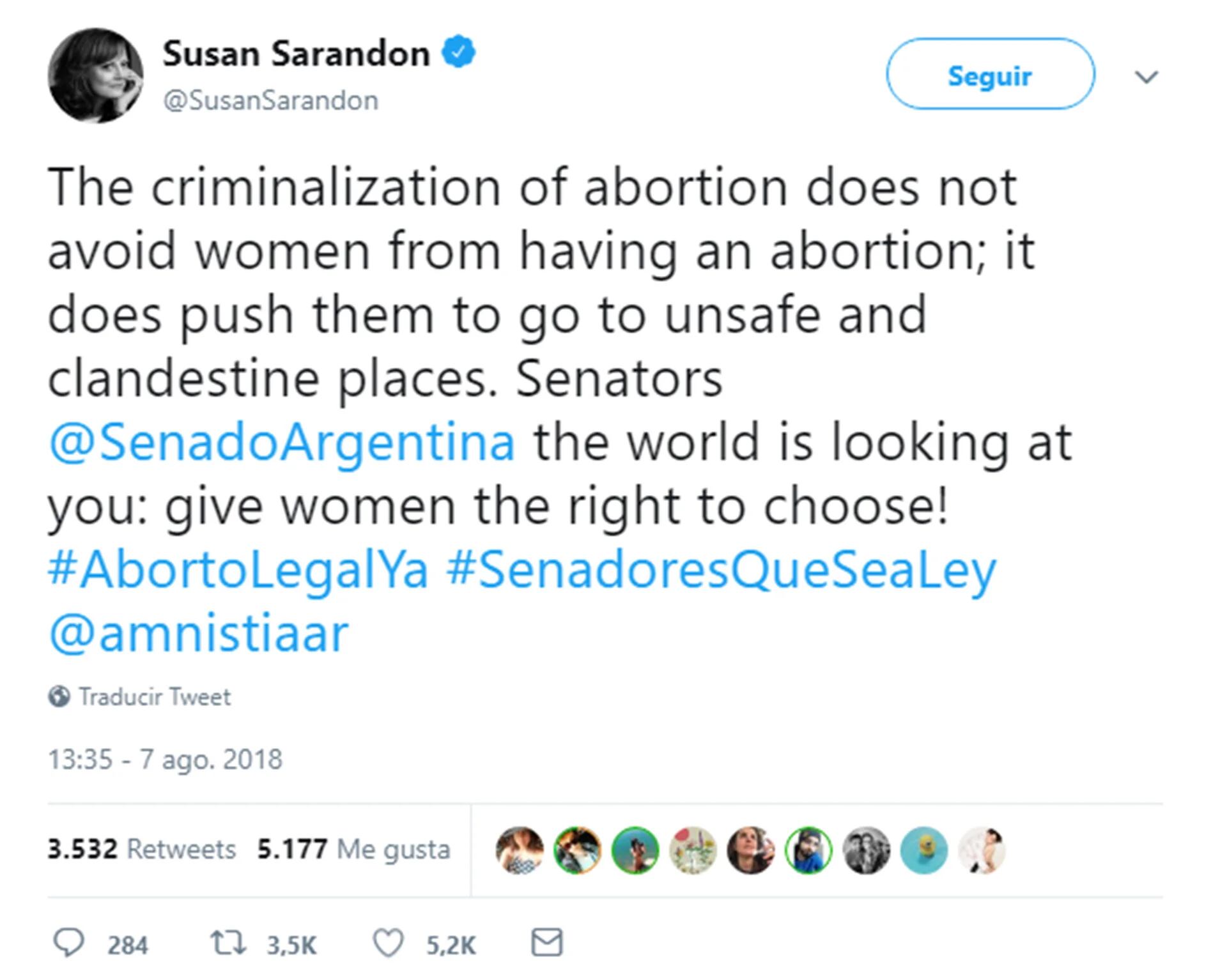 El mensaje de Susan Sarandon a favor de la legalización del aborto en la Argentina
