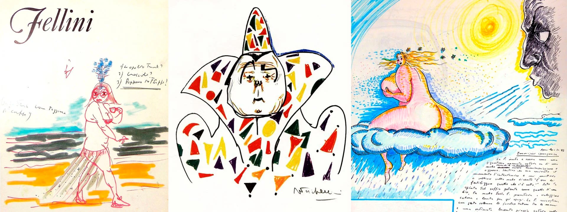 Tapa del libro "Fellini Working Drawings 1952-1982" junto a ilustraciones para las películas "Fellini I Clowns" y otra publicada en "El libro de los sueños"  
