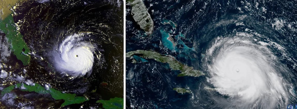 A la izquierda, el huracán Andrew. Su tamaño es notablemente menor al de Irma (derecha)