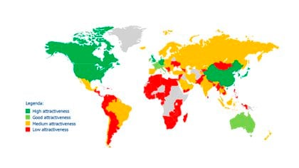 Índice de Atracción Global (GAI) de The European House Ambrosetti. En rojo, los menos atractivos