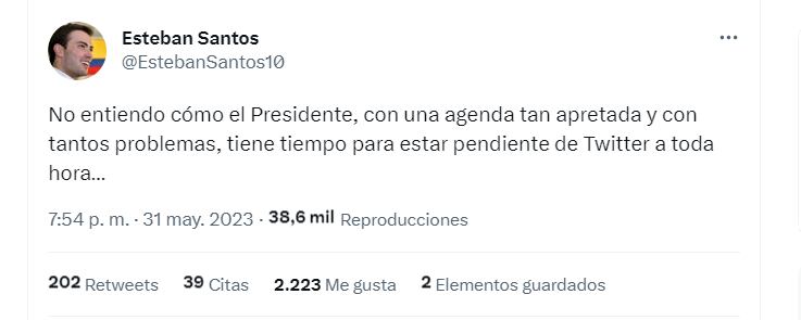 El hijo del expresidente Santos volvió a cuestionar a Gustavo Petro; esta vez sobre su uso intensivo de Twitter.
Twitter (@EstebanSantos10)