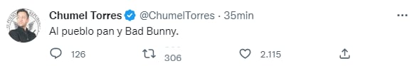 La ácida crítica de Chumel Torres al concierto gratuito de Bad Bunny en el Zócalo que propuso AMLO (Twitter @ChumelTorres)