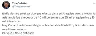 Héctor Ordóñez se refirió al partido entre Melgar y Atlético Nacional por Copa Libertadores. (Foto: Captura Twitter)