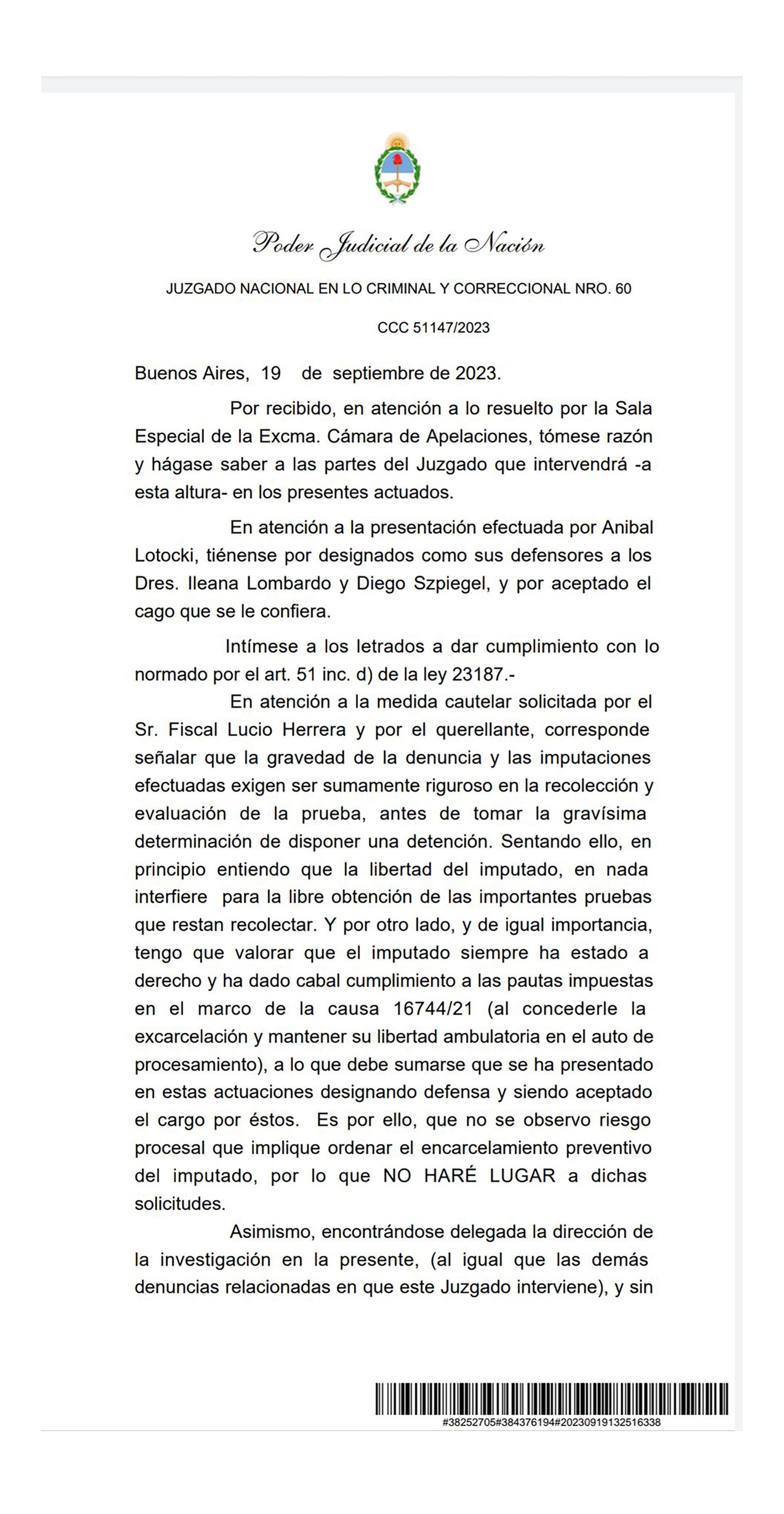 El escrito que rechaza el pedido de detención de Aníbal Lotocki
