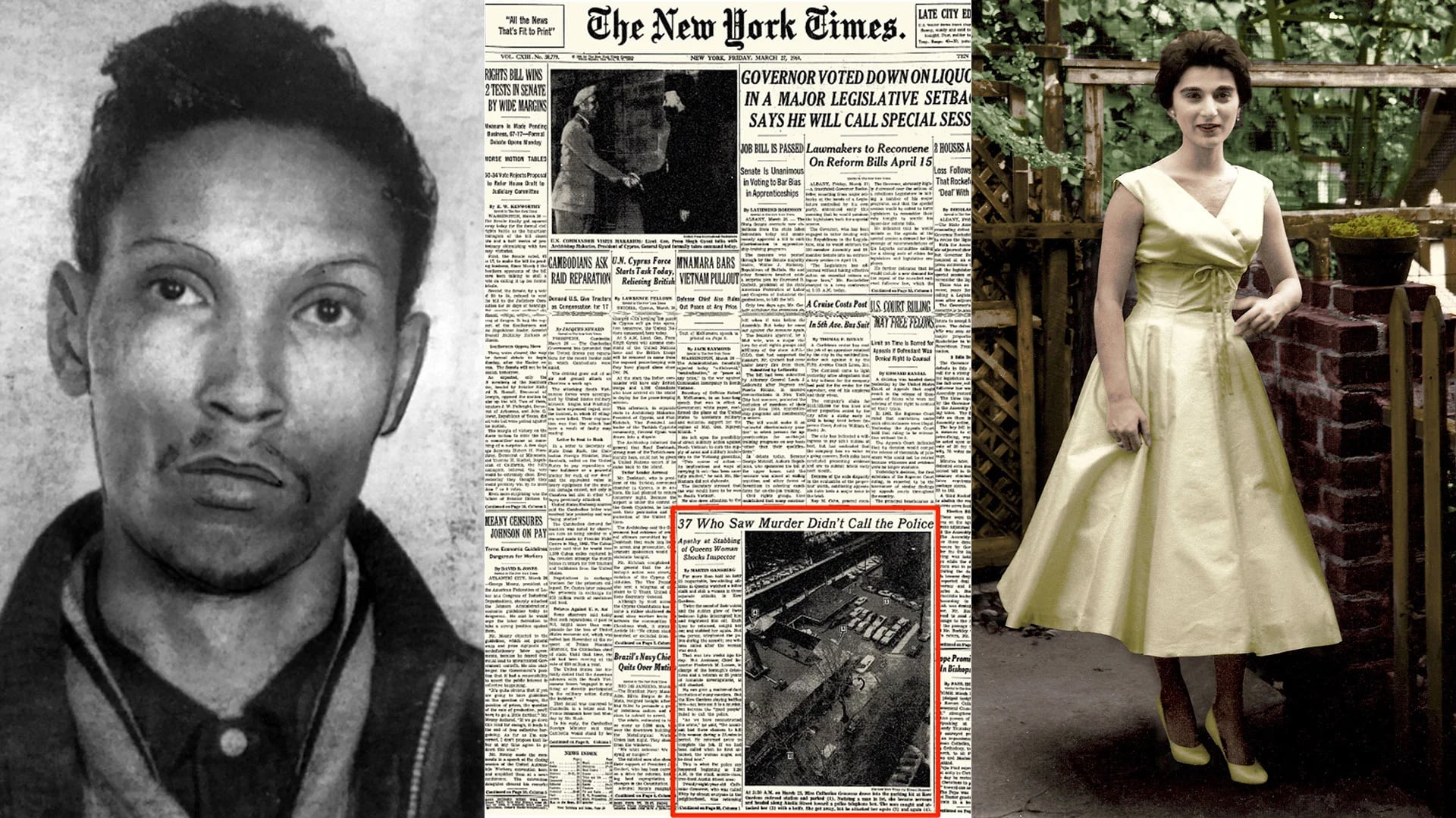 El asesino Winston Moseley, la portada de The New York Times y Kitty Genovese, la víctima, a quien nadie ayudó. Más de 50 años después, se conoce la verdad sobre el hecho que conmovió a los Estados Unidos