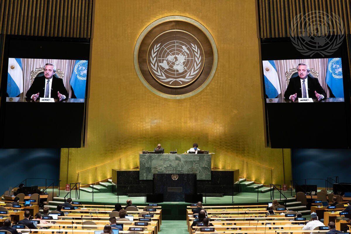 Alberto Fernández durante su intervención virtual en la Asamblea General de Naciones Unidas.  