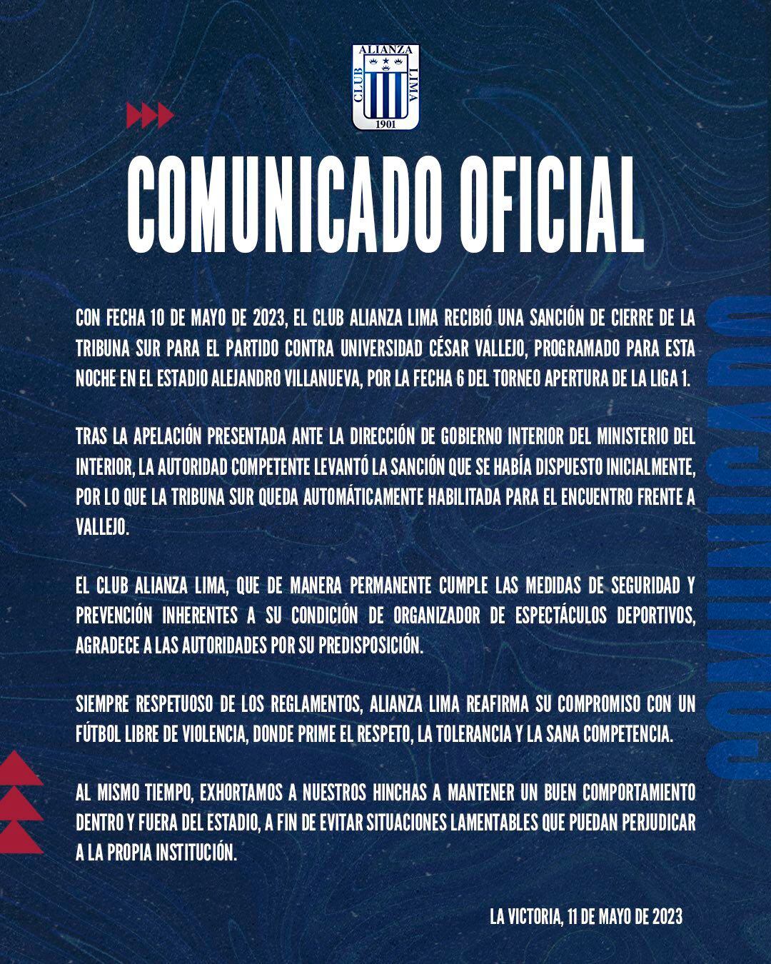 Comunicado de Alianza Lima sobre la reapertura de la tribuna sur del estadio Alejandro Villanueva para el duelo con César Vallejo por Liga 1.