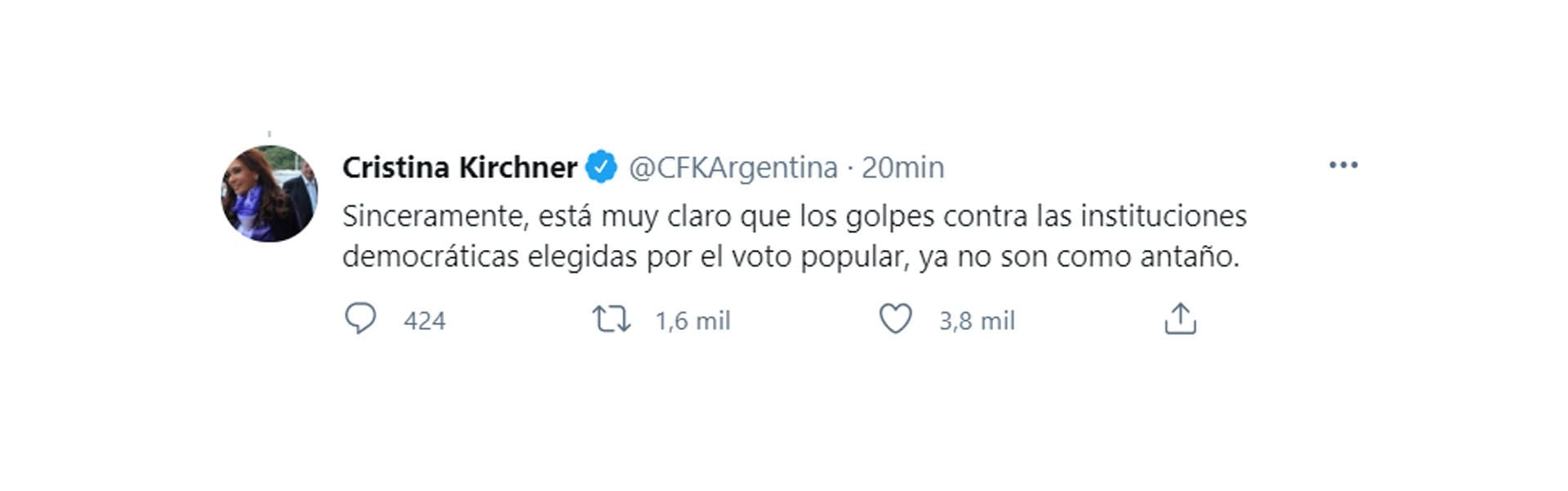 Uno de los mensajes de Cristina Kirchner tras el fallo de la Corte Suprema de Justicia (Twitter)
