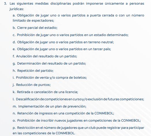 Posibles castigos que enfrentaría Sporting Cristal en caso de reincidir las conductas inapropiadas de sus hinchas. (Captura web Conmebol)