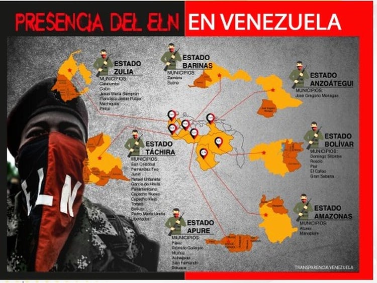El ELN tiene presencia en cinco de los seis estados fronterizos: Bolívar, Táchira, Zulia, Apure y Amazonas.