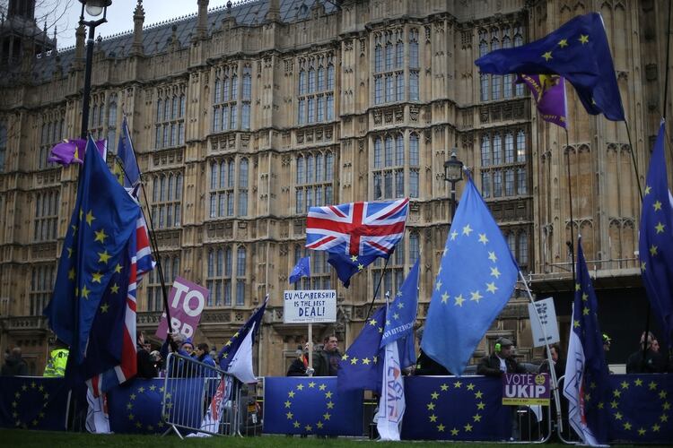 Los manifestantes a favor y en contra de Brexit se congregan ante el Parlamento el 15 de enero de 2019 en el centro de Londres (AFP)