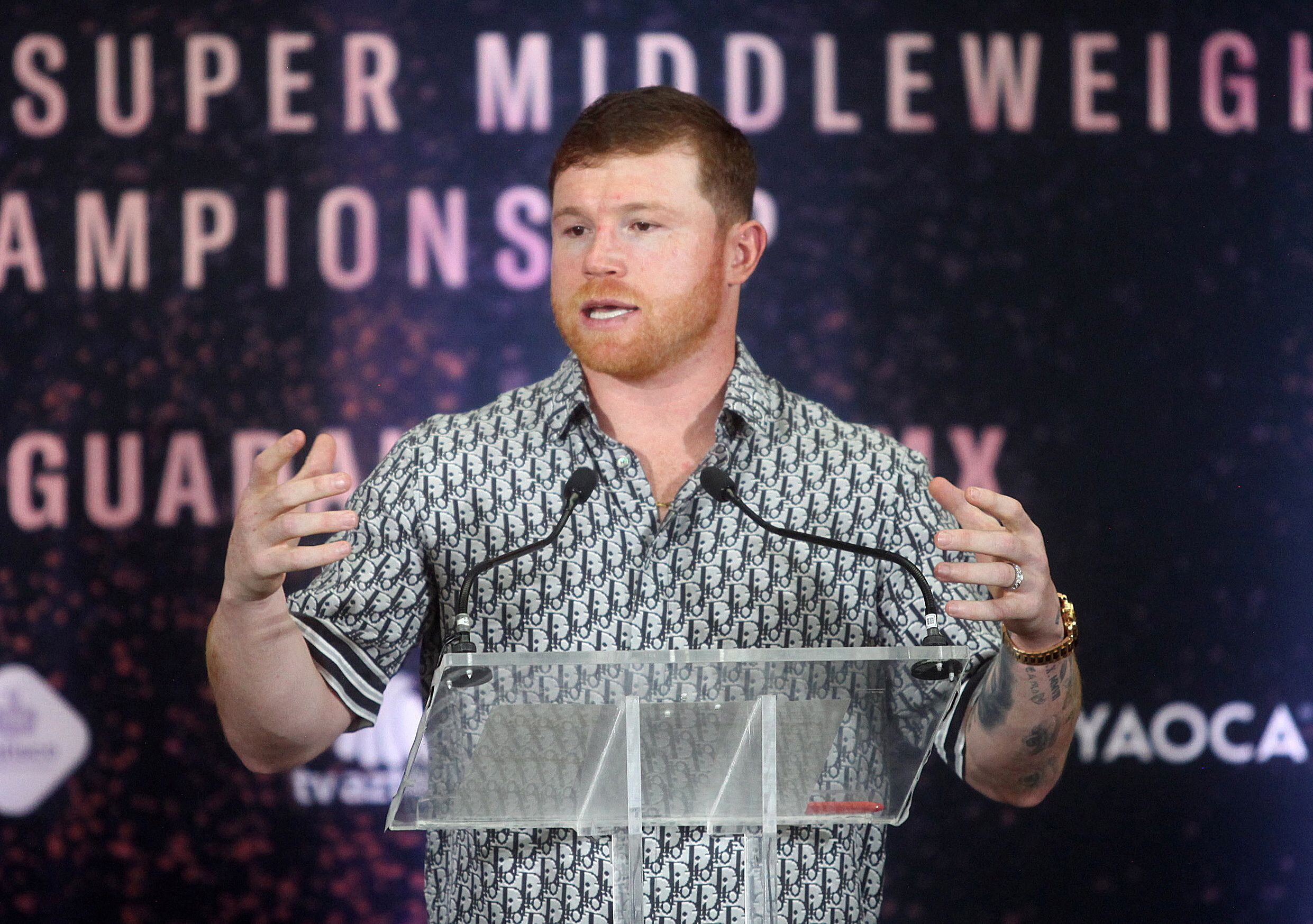 Boxing - 'Canelo' Alvarez holds a news conference in his hometown - Estadio Akron, Guadalajara, Mexico - March 14, 2023 Saul 'Canelo' Alvarez during the press conference about his fight against John Ryder on May 6 in Guadalajara for the super middleweight championship. REUTERS/Fernando Carranza