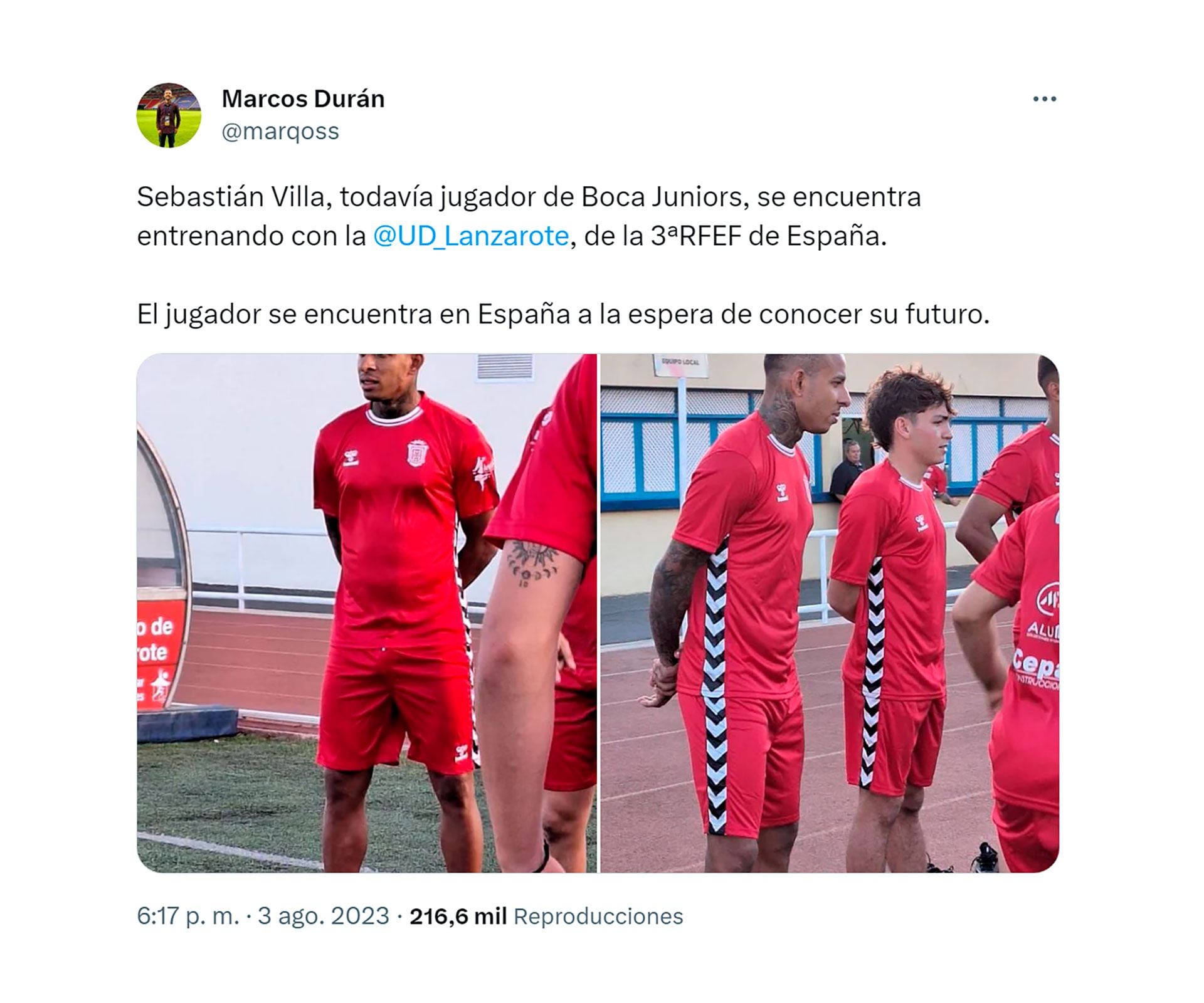 El posteo del periodista Marcos Duran en el que se ve a Sebastián Villa con ropa de entrenamiento del club UD Lanzarota, de España (Twitter)