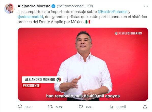 Alejandro Moreno afirmó que Enrique de la Madrid y Beatriz Paredes han logrado más de 400 mil firmas. | Captura de pantalla Twitter