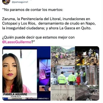 La asambleísta Pamela Aguirre, afín a Rafael Correa, recibió duras críticas por publicar este tuit. Fue tachada como indolente e incluso le han dicho que "busca votos en medio de los cadáveres".