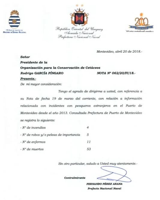 Documento oficial del 2018 emitido por la Prefectura Naval de Uruguay con el detalle de los tripulantes fallecidos que fueron desembarcados por embarcaciones chinas en el Puerto de Montevideo. (Cortesía: Milko Schvartzman).