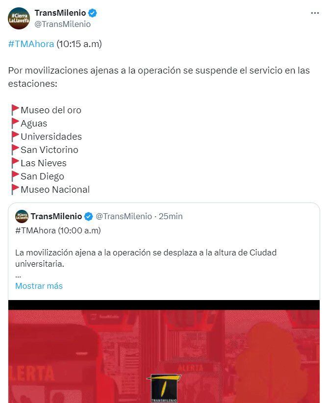Siete estaciones de TransMilenio más se suman a las siete que no están prestando servicio en este momento - crédito @TransMilenio/X