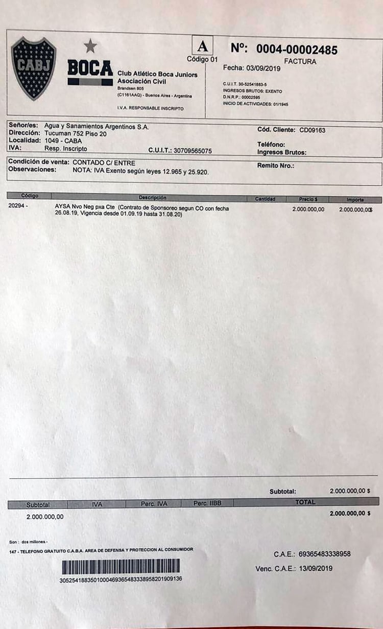 La factura que Boca le realizó a la empresa por un monto de 2.000.000 de pesos
