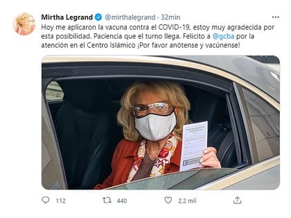 El tuit de Mirtha Legrand anunciando que ya fue vacunada contra el COVID-19 (Foto: Twitter)