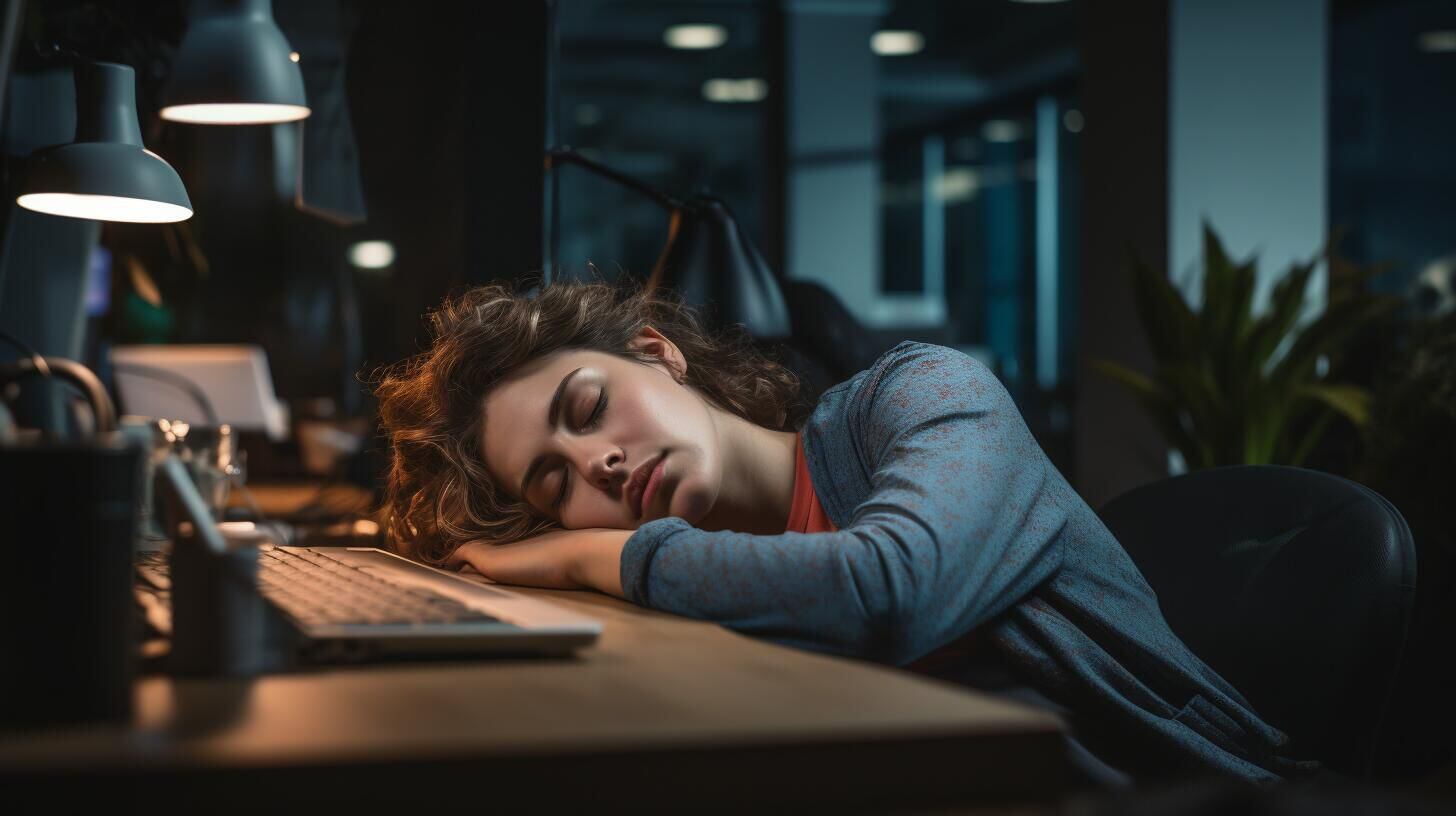 Imagen simbólica de agotamiento laboral: empleado durmiendo en su escritorio, reflejando la presión y el estrés laboral. Un recordatorio de la importancia de cuidar la salud mental. (Imagen Ilustrativa Infobae)
