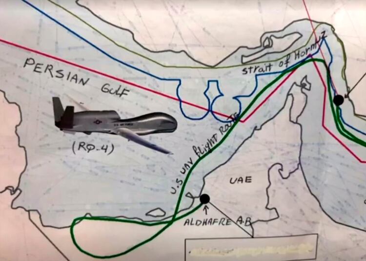 La versión iraní: el punto negro representa el sitio donde fue derribado el drone norteamericano