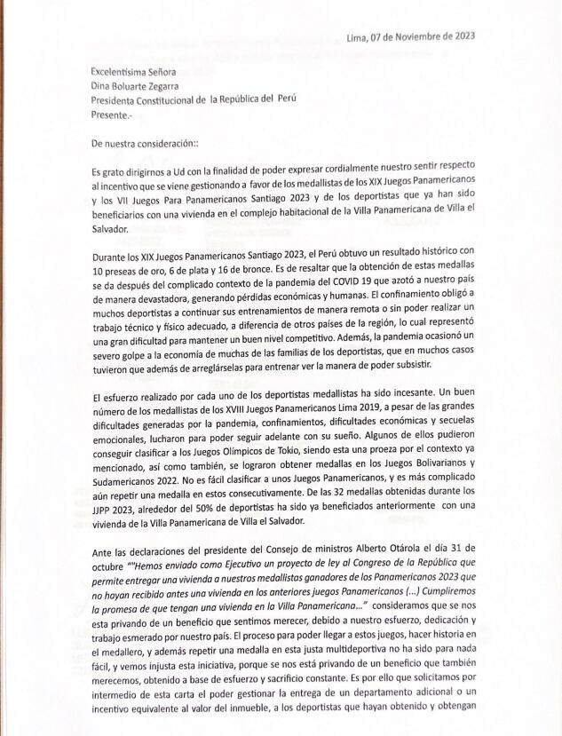 Carta de 14 medallistas peruanos en Santiago 2023 hacia la presidenta Dina Boluarte.