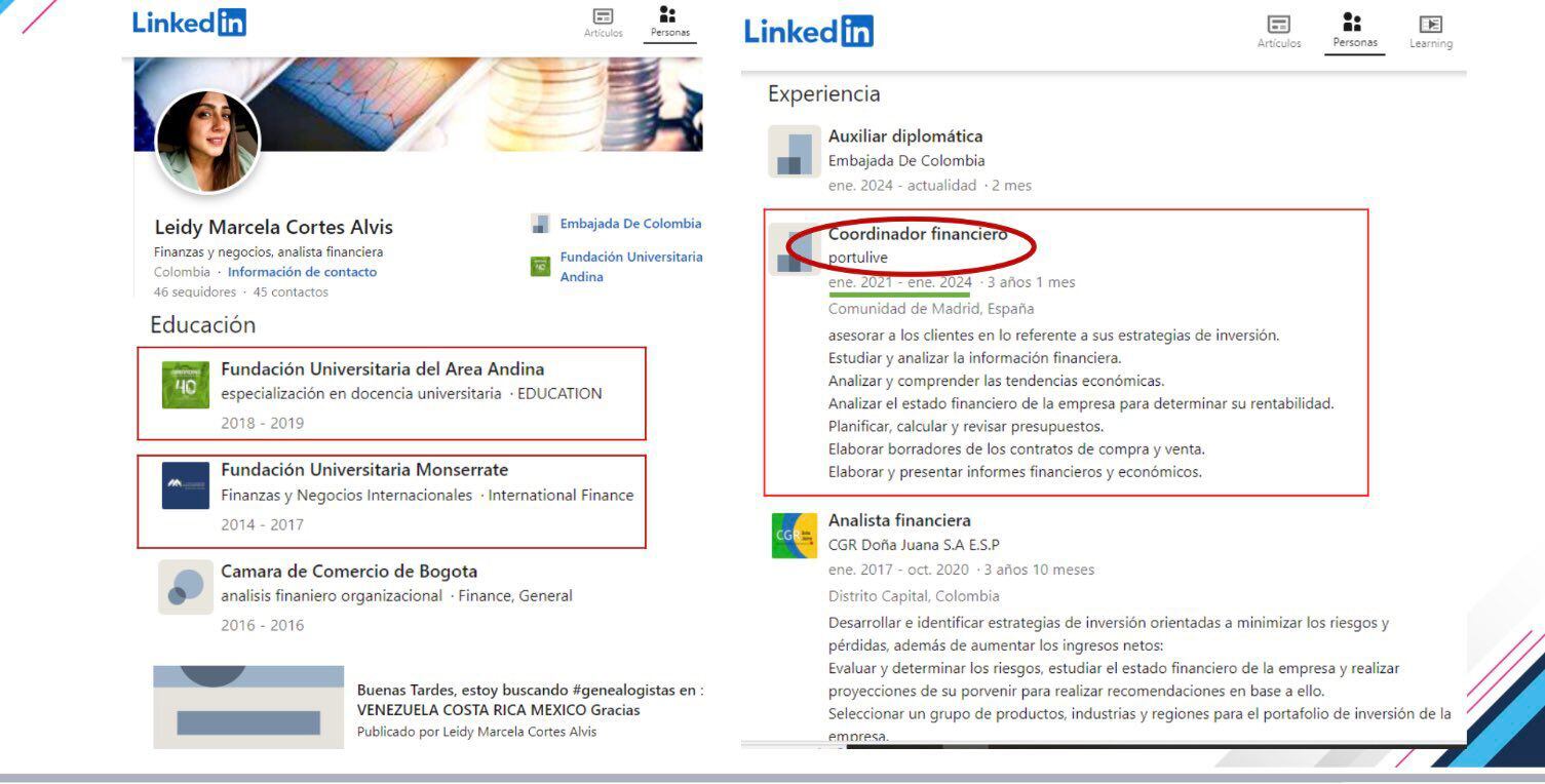 Perfil de LinkedIn de Leidy Marcela Cortés, en el que se evidencia que trabajó en empresa relacionada con familiares de Álvaro Leyva - crédito @AForeroM / X.