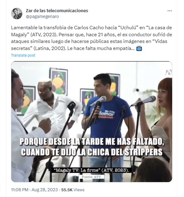 Las críticas hacia Carlos Cacho por comportamiento contra La Uchulú. Cortesía Twitter