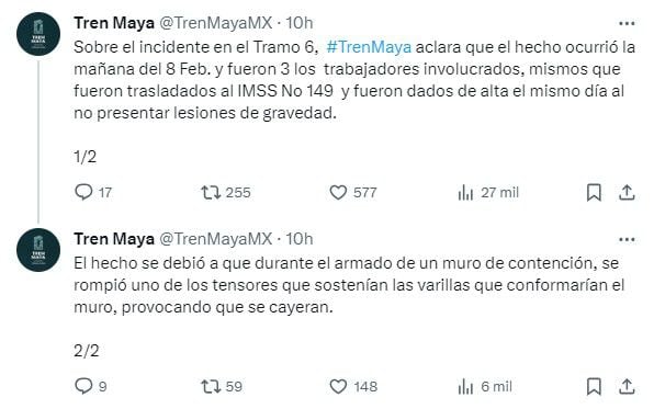 El Tren Maya aclaró cómo ocurrió el incidente en el tramo 6. | Captura de pantalla Twitter