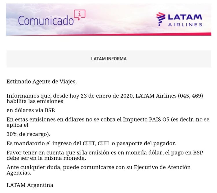El comunicado de Latam a sus clientes informando sobre la nueva modalidad