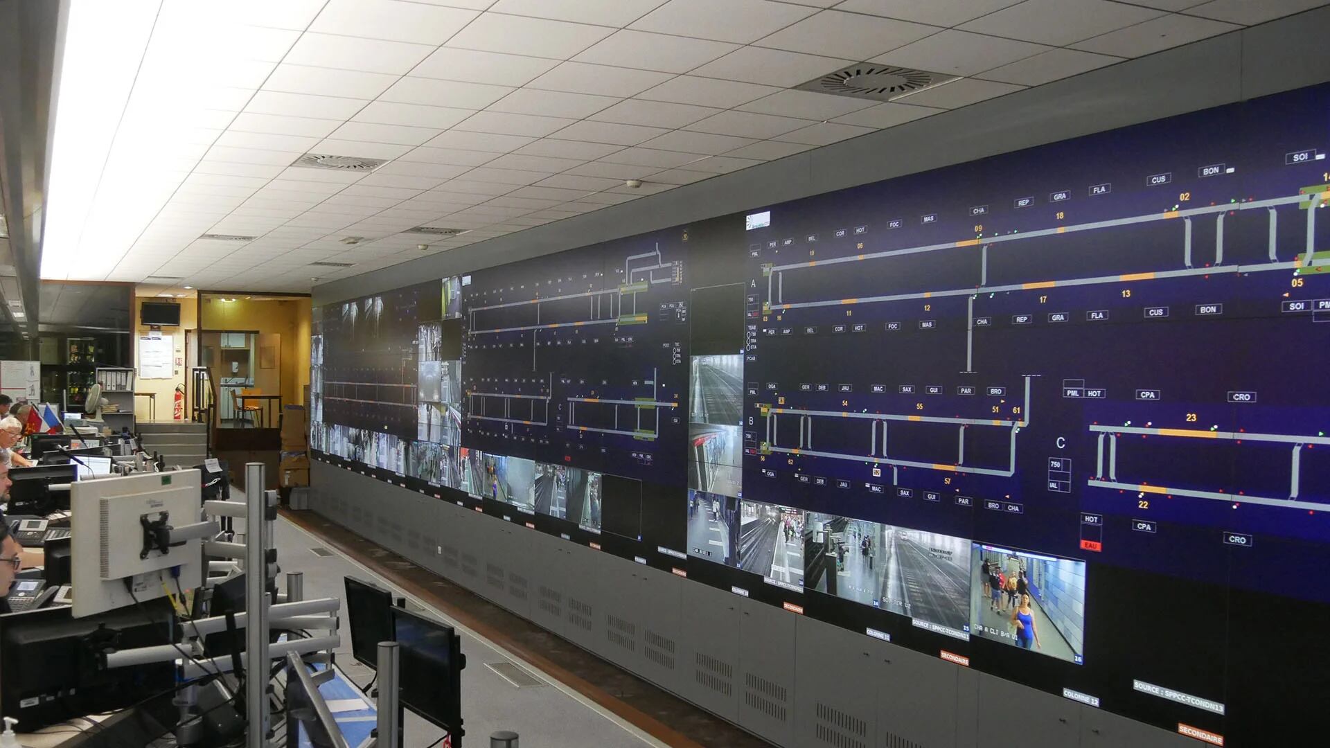 Tablero de control del funcionamiento de todas la red de subterráneo, monitoreo de andenes y flujo de pasajeros en las escaleras mecánica en Lyon