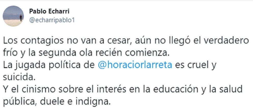 La furia de Pablo Echarri con Horacio Rodríguez Larreta por la habilitación de las clases presenciales: “La jugada política es cruel y suicida”