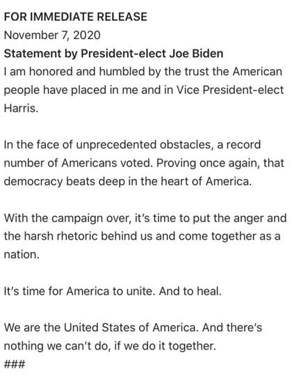 El comunicado de prensa del equipo de campaña de Joe Biden