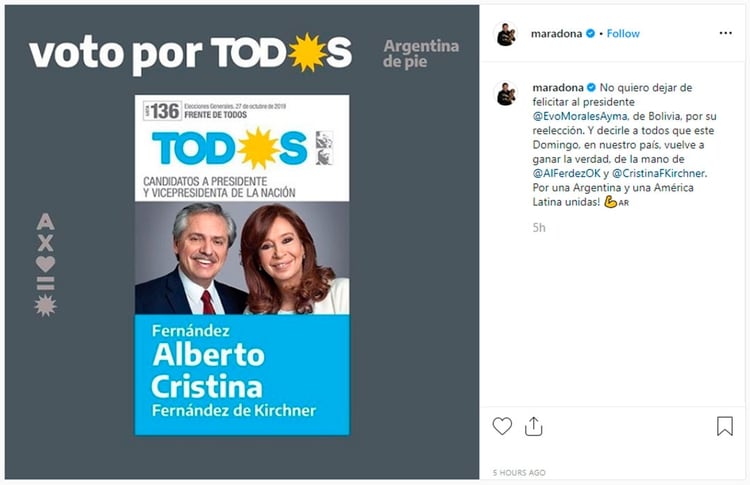 El posteo de Diego Armando Maradona en Instagram