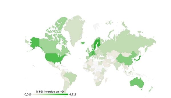 Los países pintados en verde más oscuro son los que más invierten en I+D en relación a su PBI (Indexmundi)