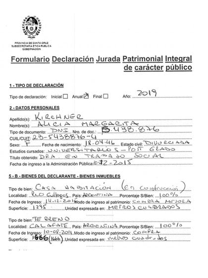 Extracto de la parte pública de la DDJJ de Alicia Kirchner enviada a Infobae, con el detalles de sus inmuebles, sin valor detallado.