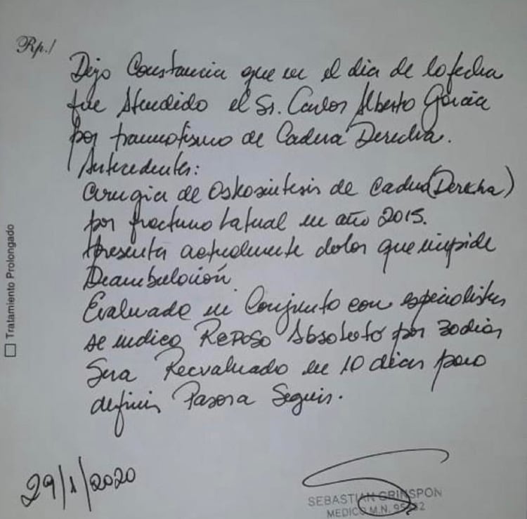 El certificado médico, firmado por el doctor Sebastián Grinspon
