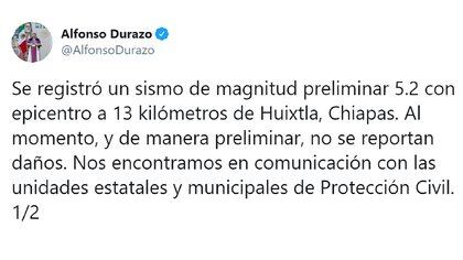Alfoso Durazo advirtió el sismo de Chiaaps y pidió seguir la información oficial en las cuentas de Protección Civil (Foto: Twitter @alfonsodurazo)