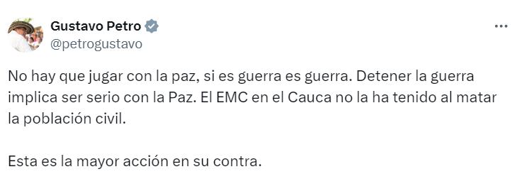 La contundente declaración del presidente Petro tras la neutralización de al menos 15 subversivos ene l Cauca - crédito @petrogustavo / X
