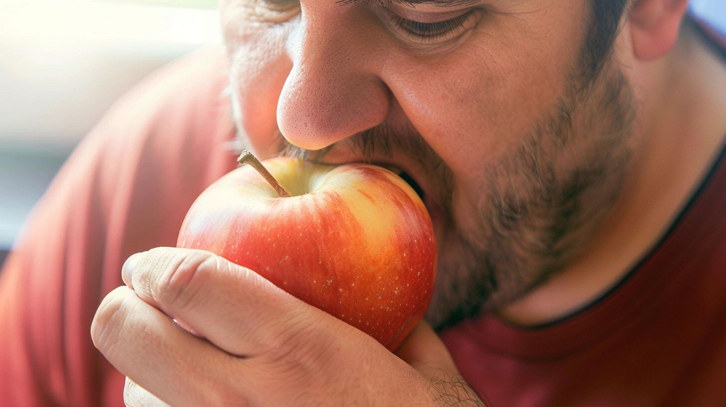 Un hombre con sobrepeso se encuentra comiendo una manzana, un ejemplo de alimentación saludable. La imagen muestra a un hombre disfrutando de una fruta, lo que puede ser un indicador de un cambio en sus hábitos alimenticios. La obesidad es un problema de salud que requiere atención y cambios en la dieta y el estilo de vida. (Imagen ilustrativa Infobae)