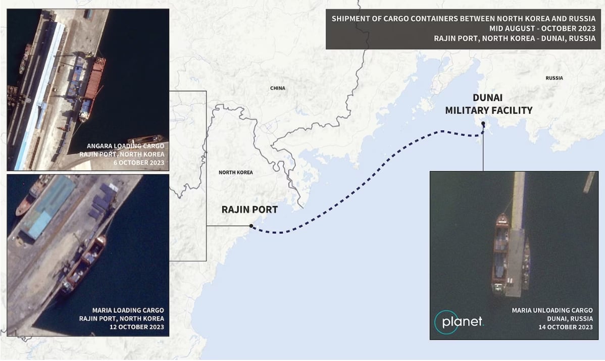 Las nuevas imágenes de satélite muestran que dos cargueros de bandera rusa, el Angara y el Maria, comenzaron a viajar entre Rajin y Dunai a mediados de agosto. La última entrega fue este sábado (Royal United Services Institute)