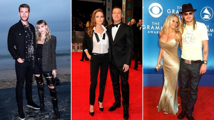 Liam Hemsworth y Miley Cyrus tuvieron un romance de una década y un matrimonio de apenas unos meses; Angelina Jolie y Brad Pitt se casaron tras diez años juntos y fueron esposos sólo dos años; el matrimonio de Pamela Anderson y Kid Rock fue de sólo cuatro meses (Shutterstock)