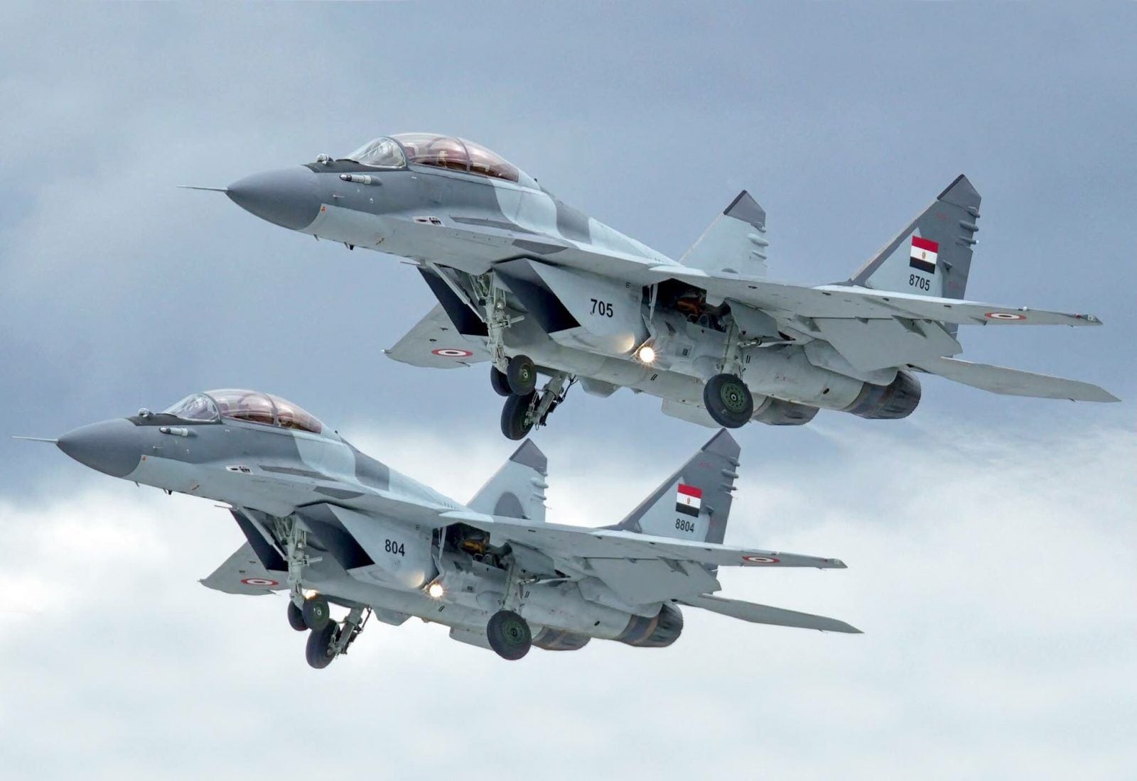 Los cazabombarderos MIG-29M de la Fuerza Aérea de Egipto que están siendo transferidos a Ucrania a cambio de que Estados Unidos les entregue modernos F-16. (Fuerza Aérea Egipto)