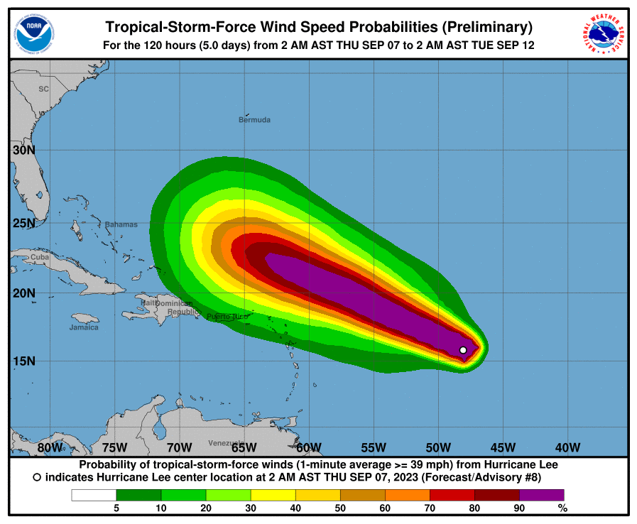 La intensidad de los vientos prevista (Centro Nacional de Huracanes de EEUU/NOAA)