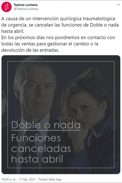 El comunicado en Twitter del teatro donde montan su obra Miguel Ángel Solá y Paula Cancio