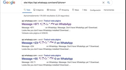 Se hallaron unos 176 mil números de WhatsApp publicados (captura de Genbeta).
